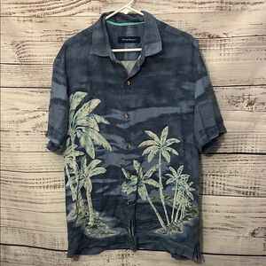 Tommy Bahama Button-Up Silk Blue Palm Trees Hawaiian Camp Shirt large